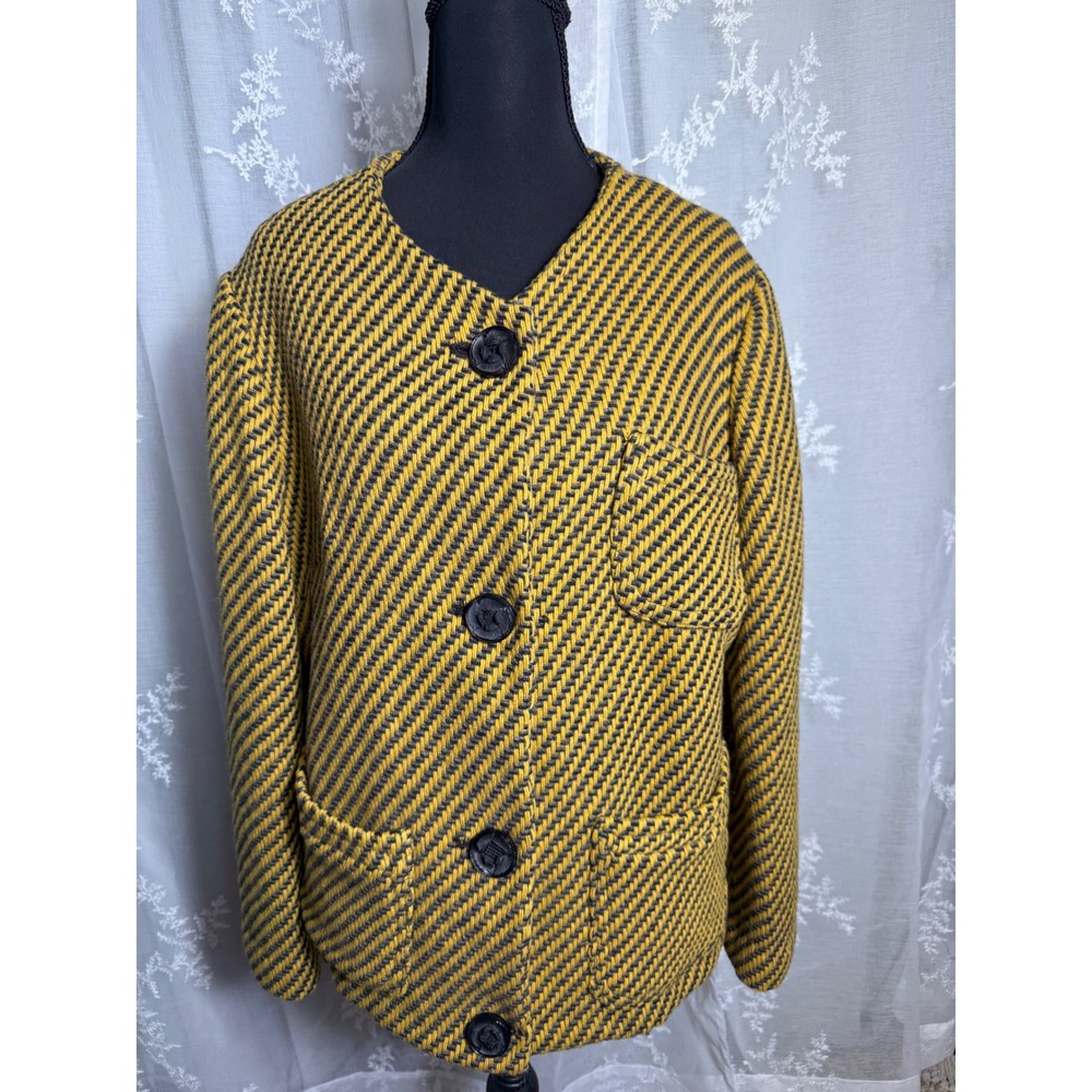 Vintage 60s Mod Yellow Black Basketweave Wool Blend Button Front Jacket Cardigan